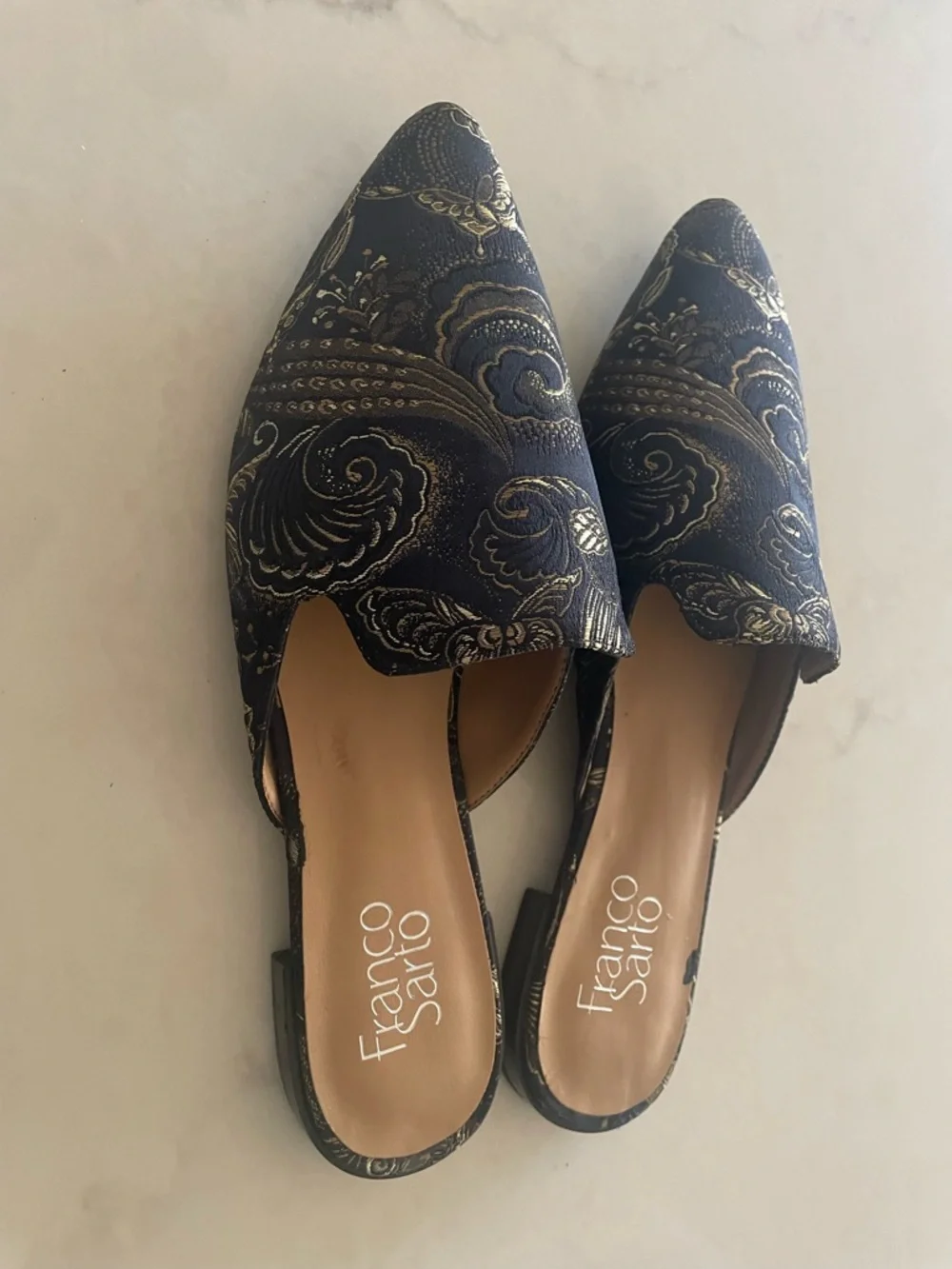 Franco Sarto Black and Gold Paisley Embroidered Slip-On Mules - Picture 4 of 5